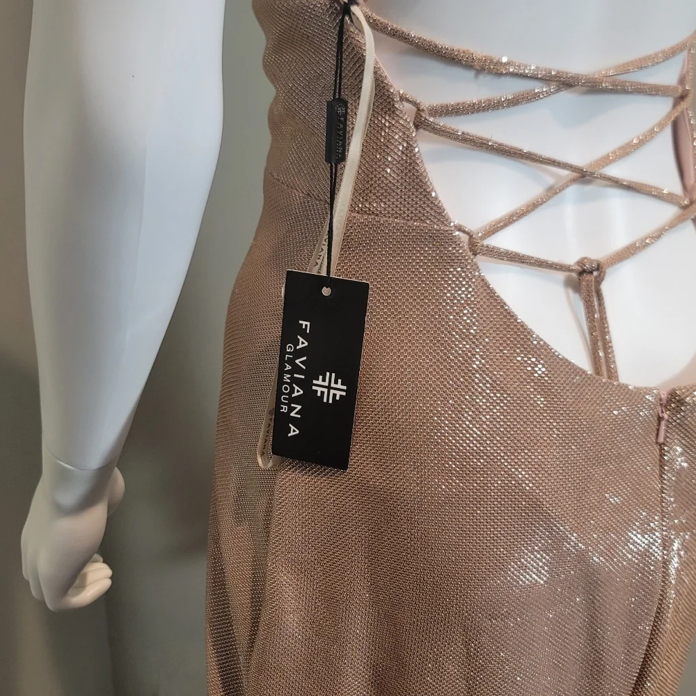 NWT Faviana Glamour Rose Gold Mermiad V-neck Spaghetti Strap Formal Dress Size 8 - Picture 11 of 14